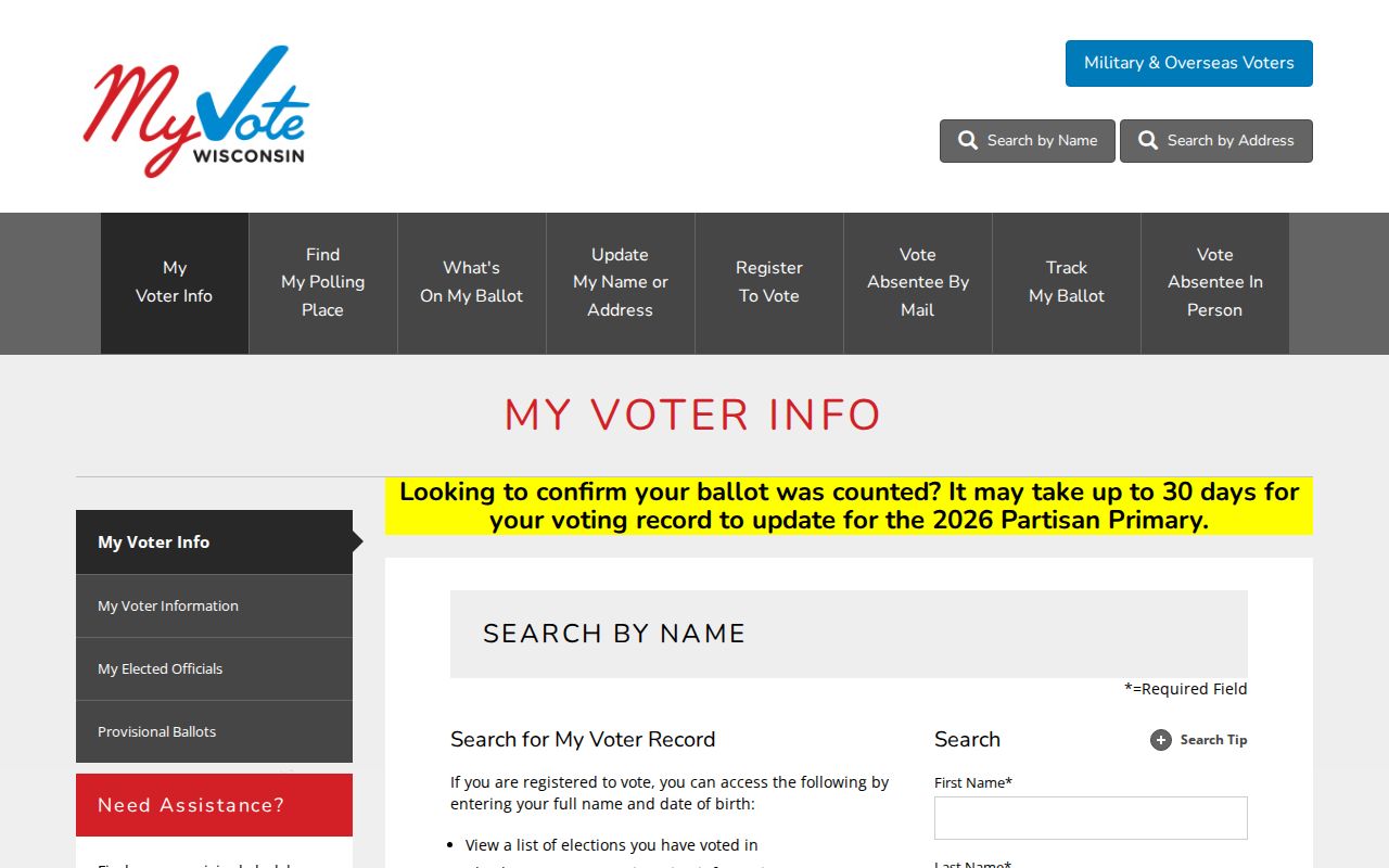Wausau resident lookup on the Wisconsin MyVote form
